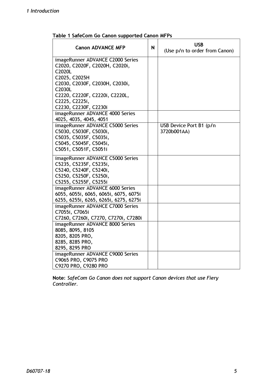 Nuance comm D60707-18 manual SafeCom Go Canon supported Canon MFPs Canon Advance MFP, Usb 