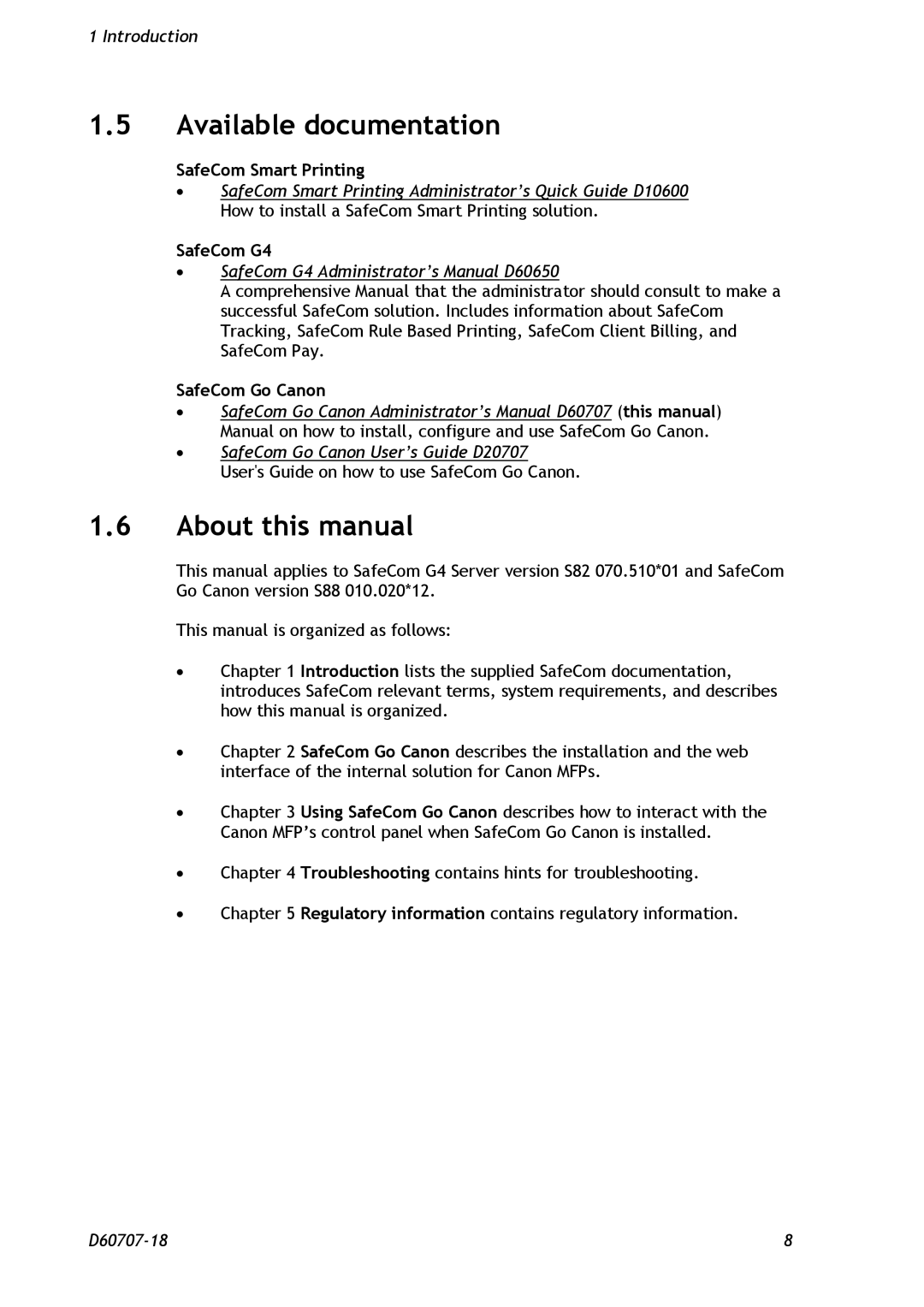 Nuance comm D60707-18 Available documentation, About this manual, SafeCom Smart Printing, SafeCom G4 