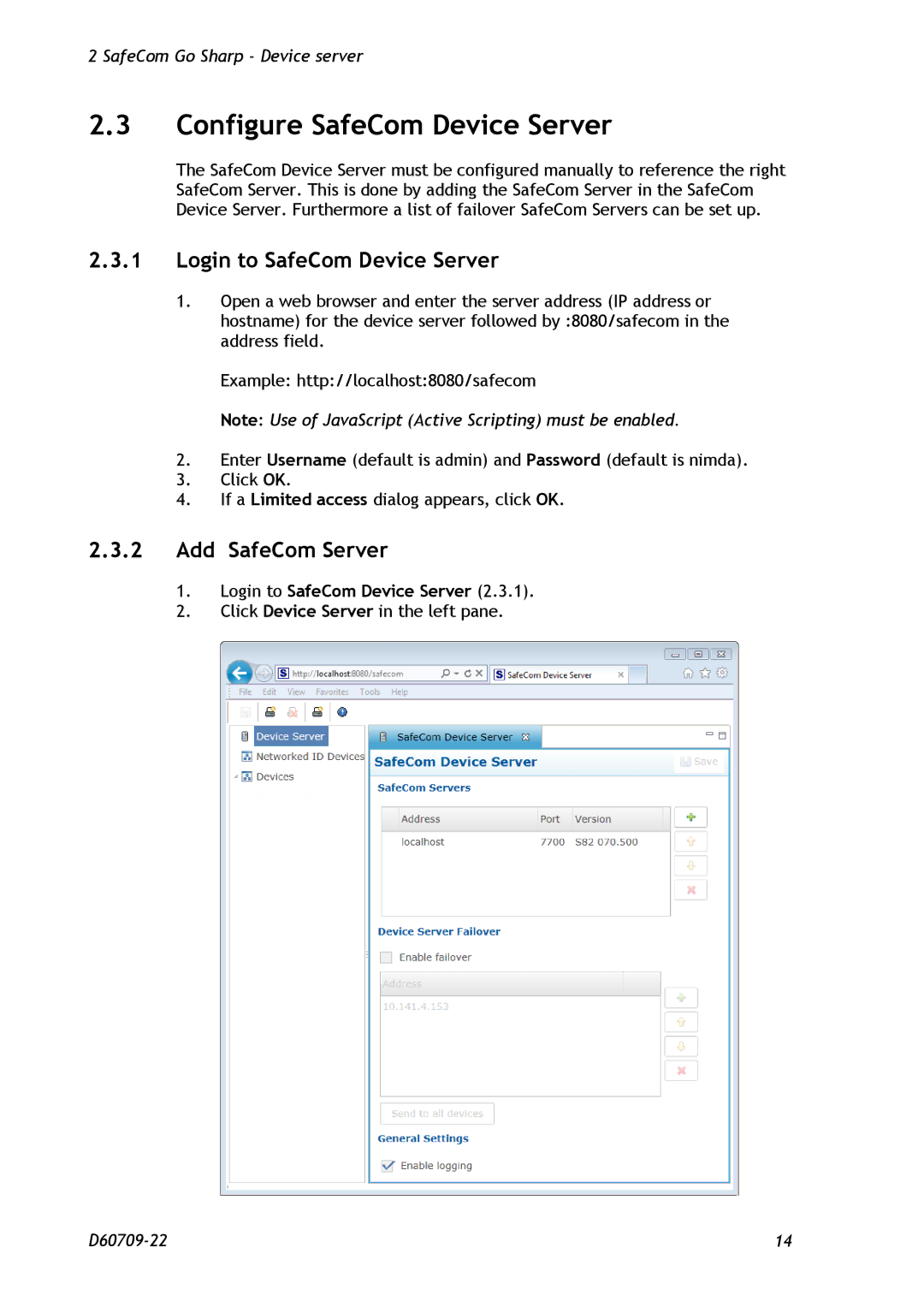 Nuance comm D60709-22 manual Configure SafeCom Device Server, Login to SafeCom Device Server, Add SafeCom Server 