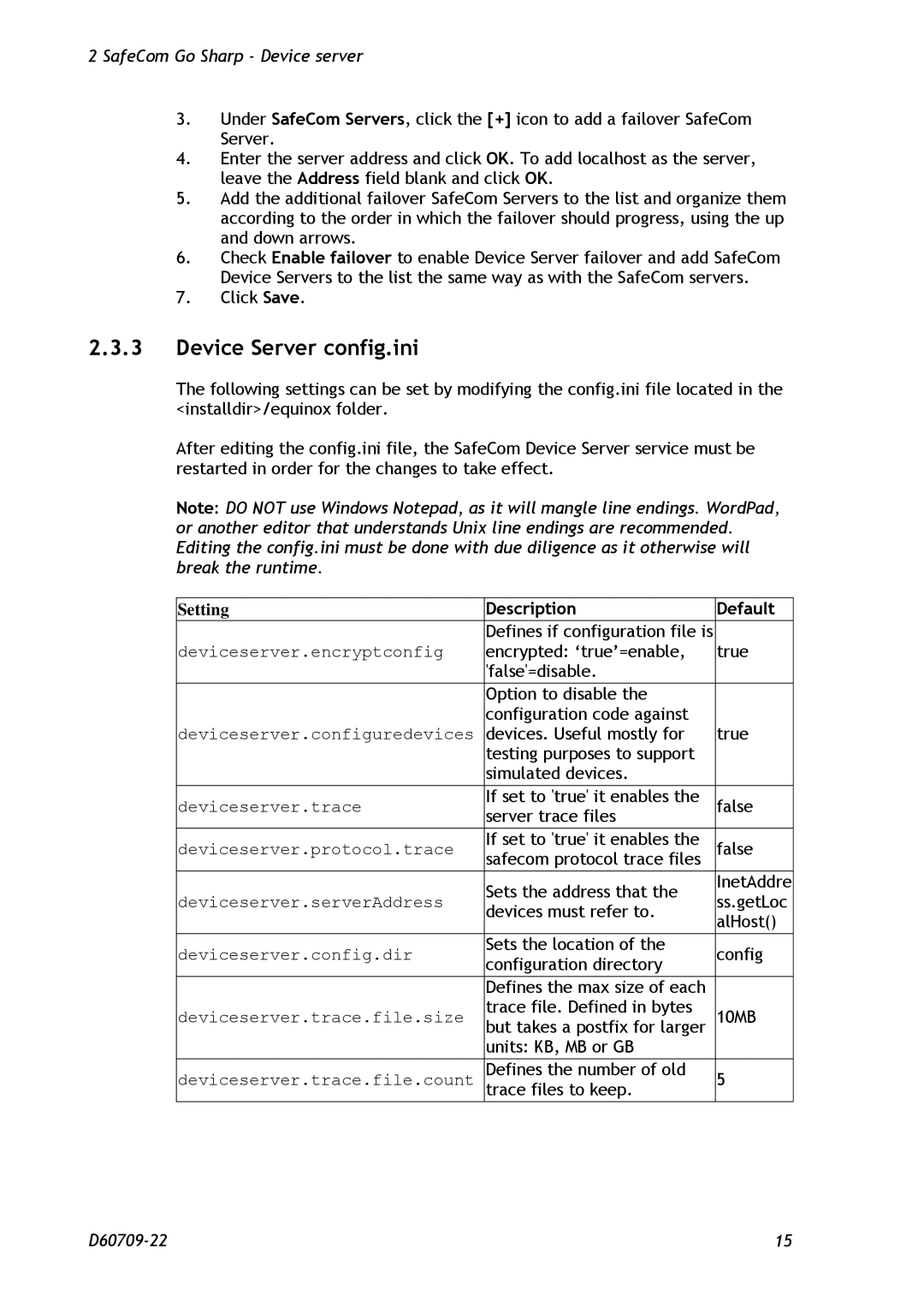 Nuance comm D60709-22 manual Device Server config.ini, Description Default 