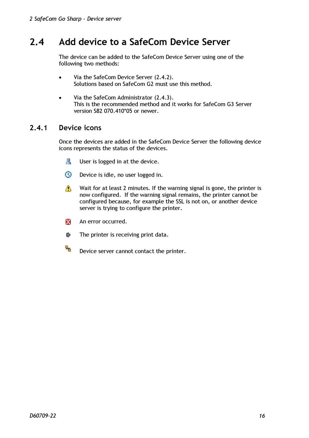 Nuance comm D60709-22 manual Add device to a SafeCom Device Server, Device icons 