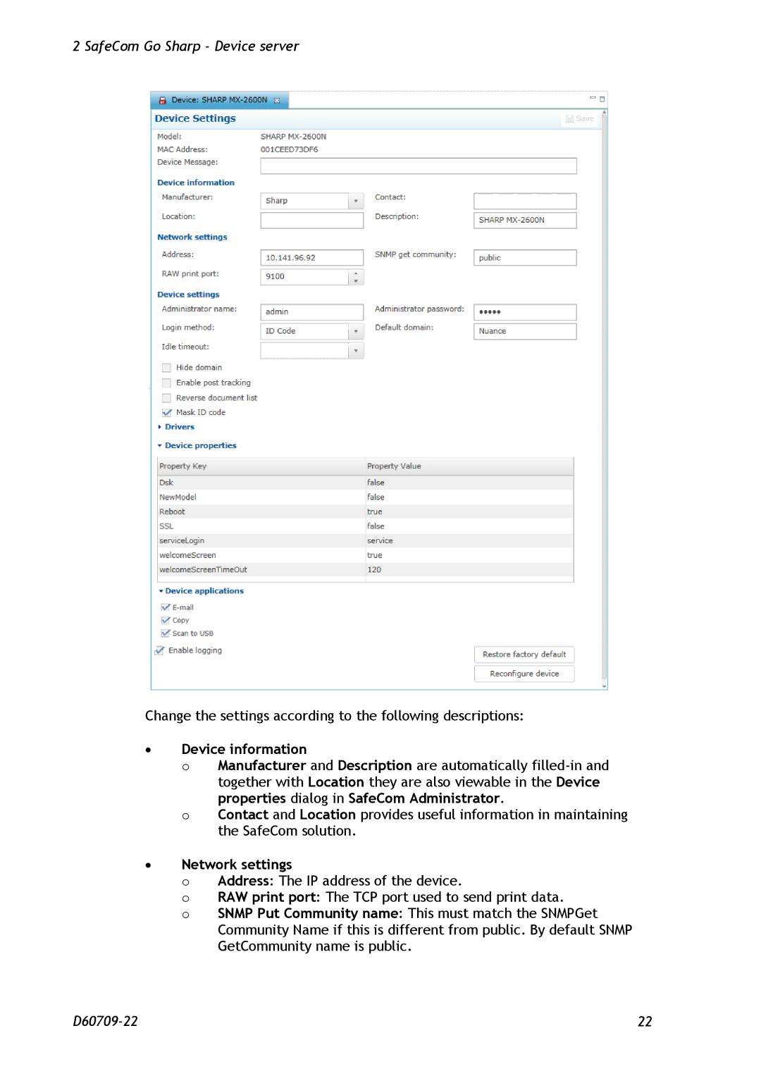 Nuance comm D60709-22 manual ∙ Device information, ∙ Network settings 