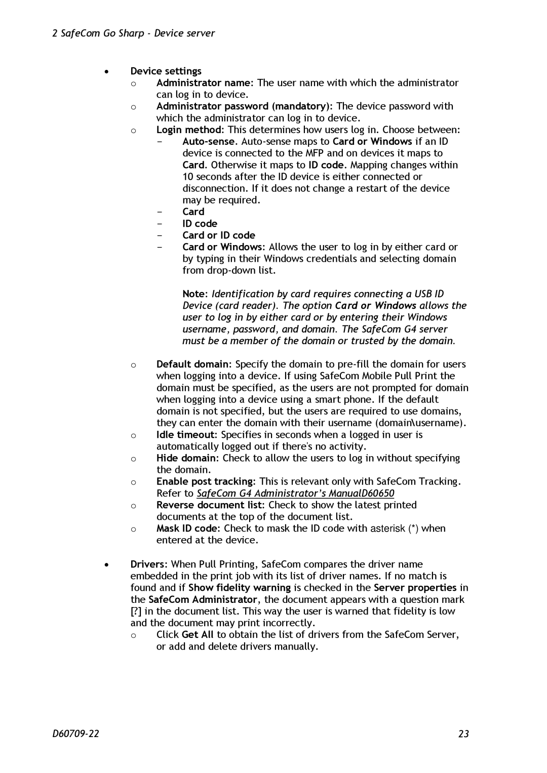 Nuance comm D60709-22 manual ∙ Device settings, Card ID code Card or ID code 