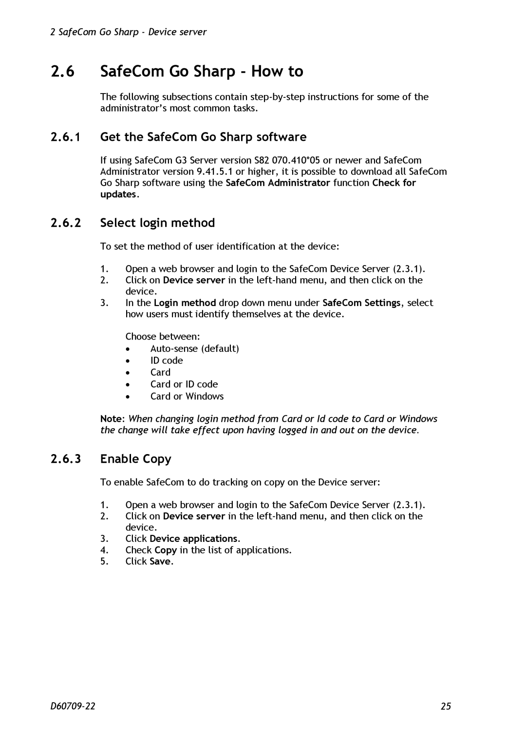 Nuance comm D60709-22 manual SafeCom Go Sharp How to, Get the SafeCom Go Sharp software, Select login method, Enable Copy 