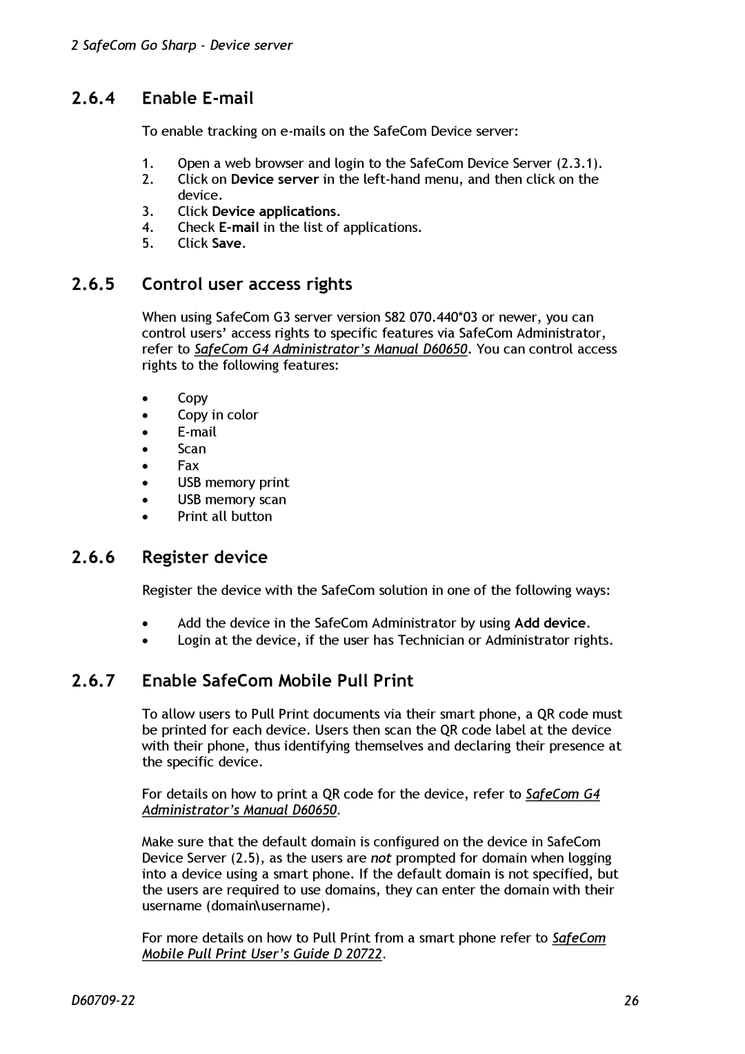 Nuance comm D60709-22 manual Enable E-mail, Control user access rights, Register device, Enable SafeCom Mobile Pull Print 