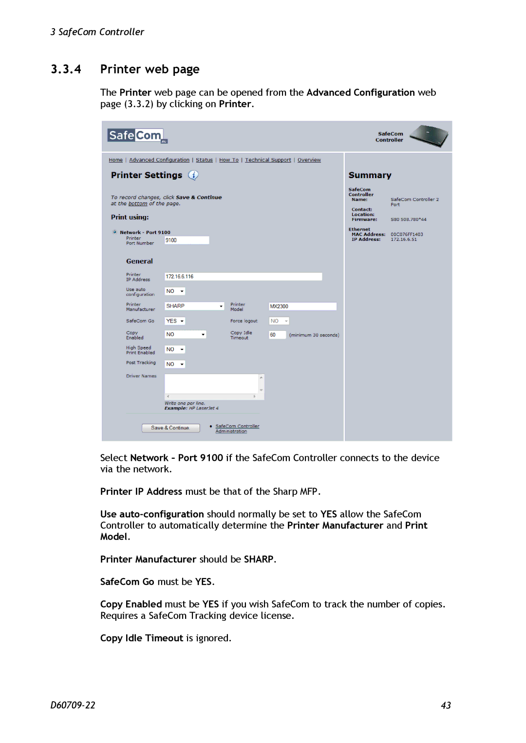 Nuance comm D60709-22 manual Printer web, Printer Manufacturer should be Sharp SafeCom Go must be YES 