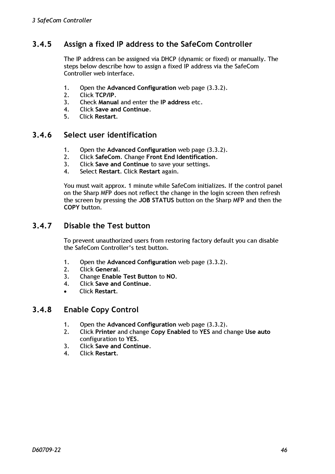 Nuance comm D60709-22 Assign a fixed IP address to the SafeCom Controller, Select user identification, Enable Copy Control 