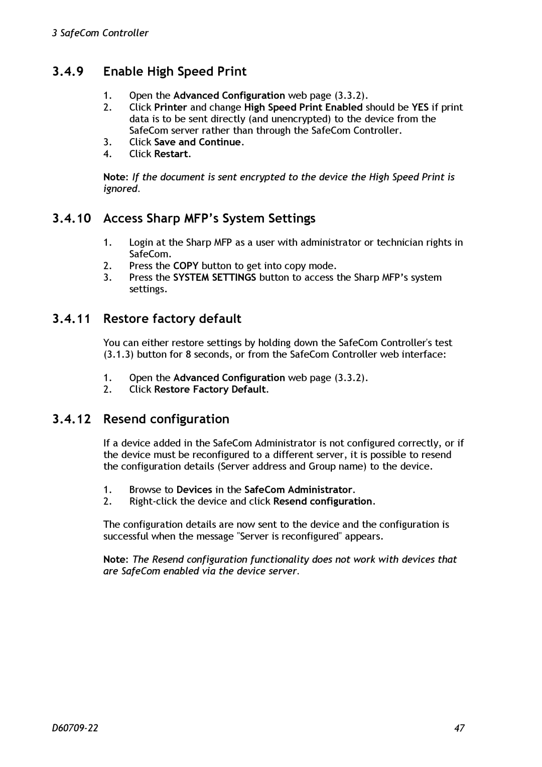 Nuance comm D60709-22 manual Enable High Speed Print, Access Sharp MFP’s System Settings, Resend configuration 