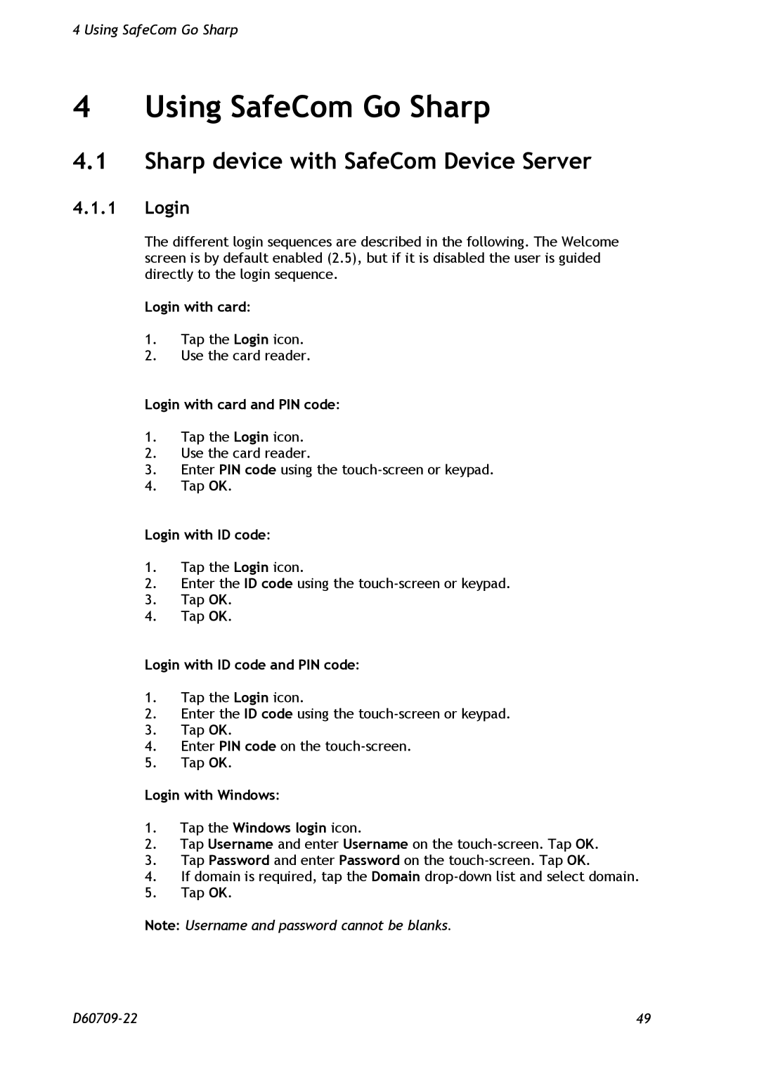 Nuance comm D60709-22 manual Using SafeCom Go Sharp, Sharp device with SafeCom Device Server, Login 