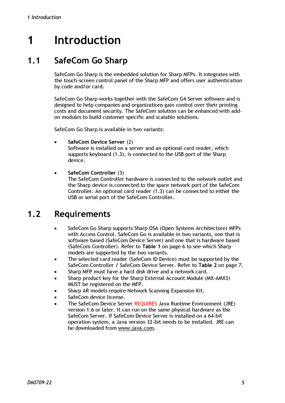 Nuance comm D60709-22 manual Introduction, SafeCom Go Sharp, Requirements, ∙ SafeCom Device Server, ∙ SafeCom Controller 