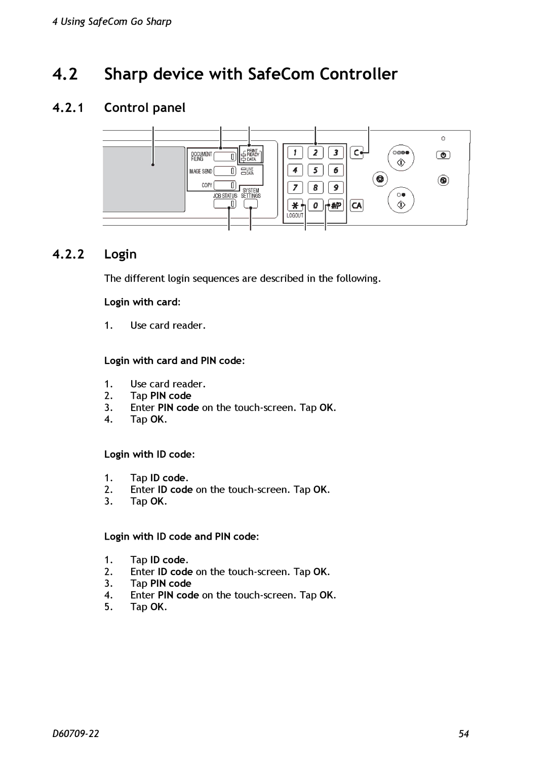 Nuance comm D60709-22 manual Sharp device with SafeCom Controller, Control panel Login, Login with ID code Tap ID code 