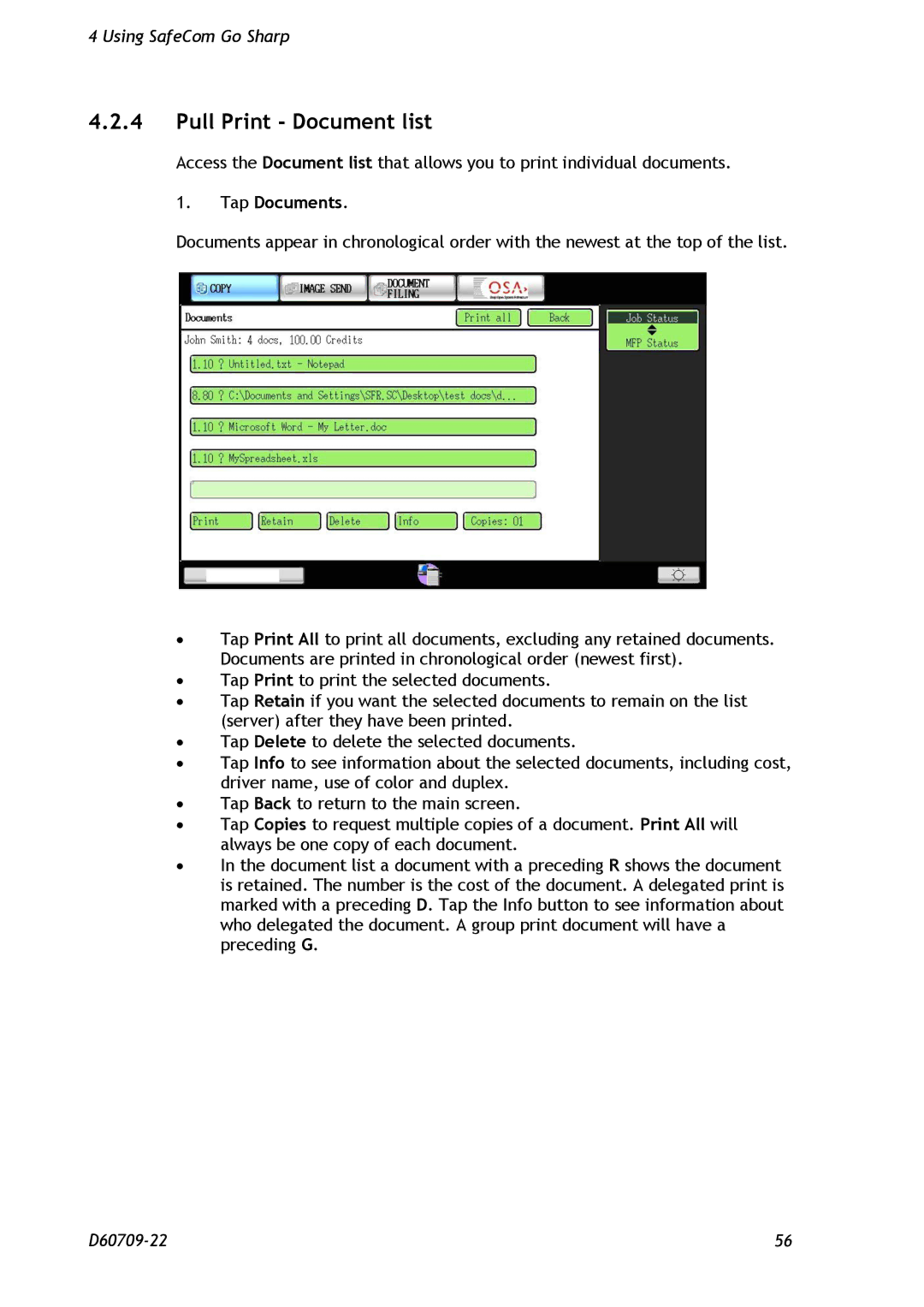 Nuance comm D60709-22 manual Pull Print Document list, Tap Documents 