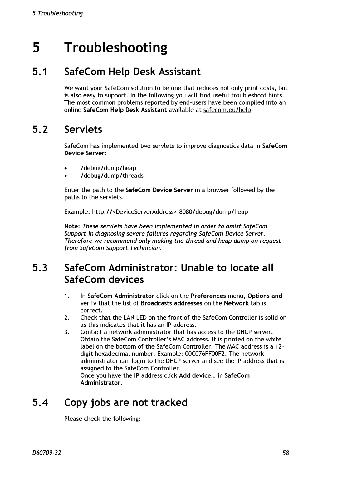 Nuance comm D60709-22 manual Troubleshooting, SafeCom Help Desk Assistant, Servlets, Copy jobs are not tracked 