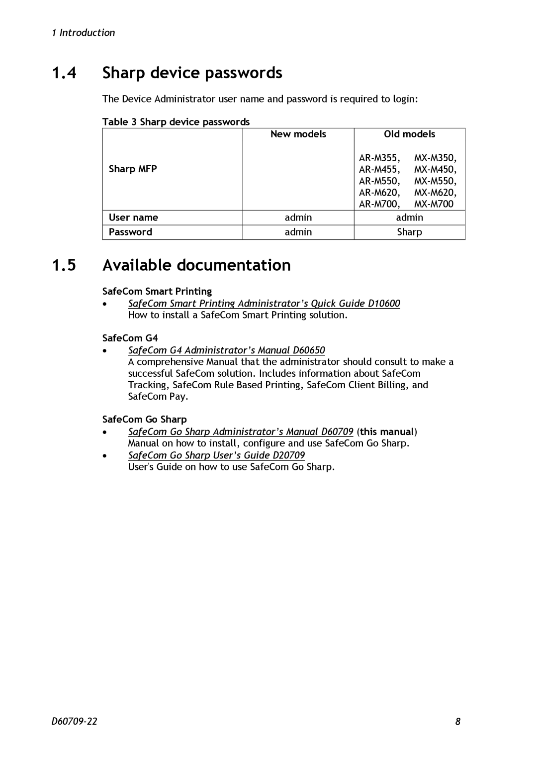 Nuance comm D60709-22 manual Sharp device passwords, Available documentation 