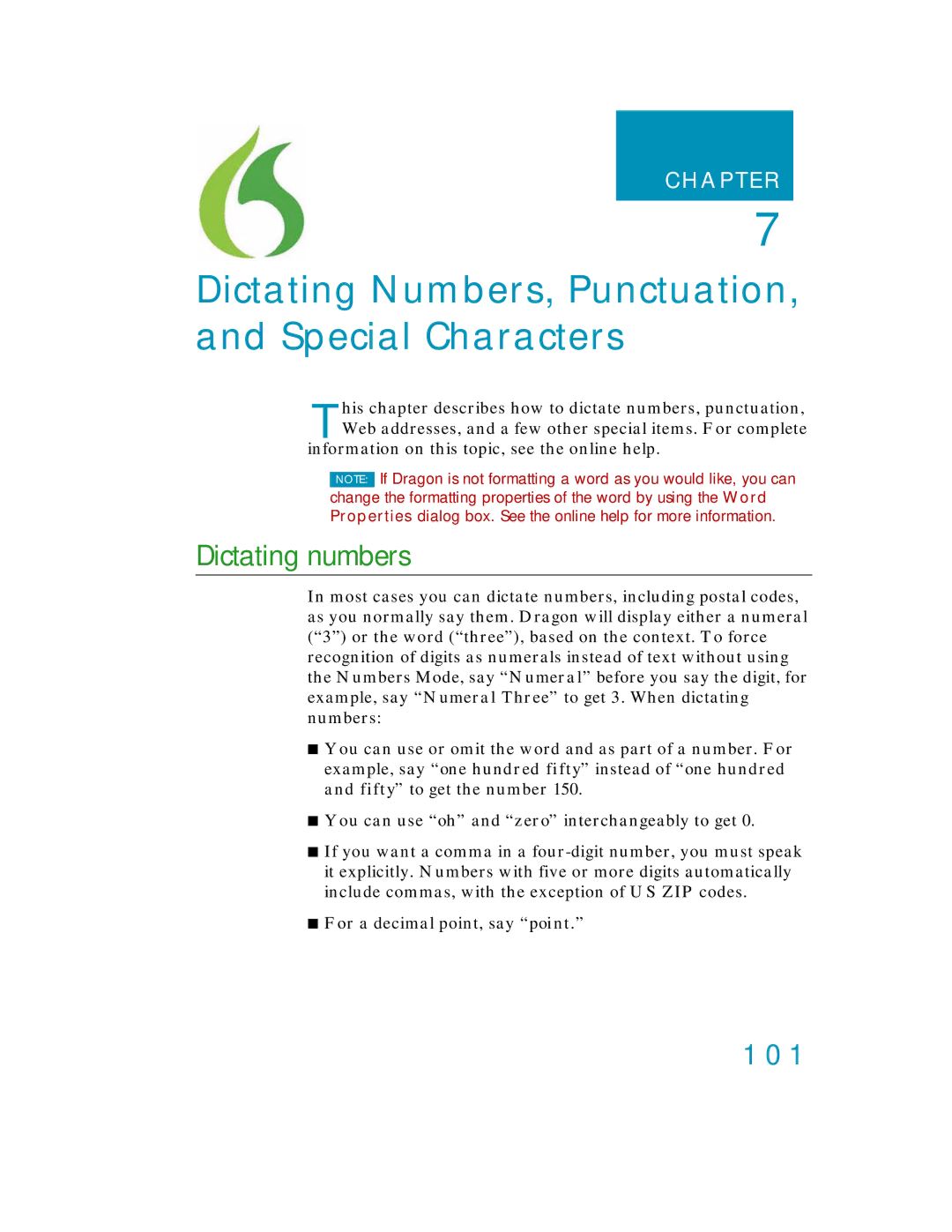 Nuance comm K609A-WN9-11.0, K609A-GC3-11.0, K609A-G00-11.0, K609AGC3110 manual Dictating numbers, 101 