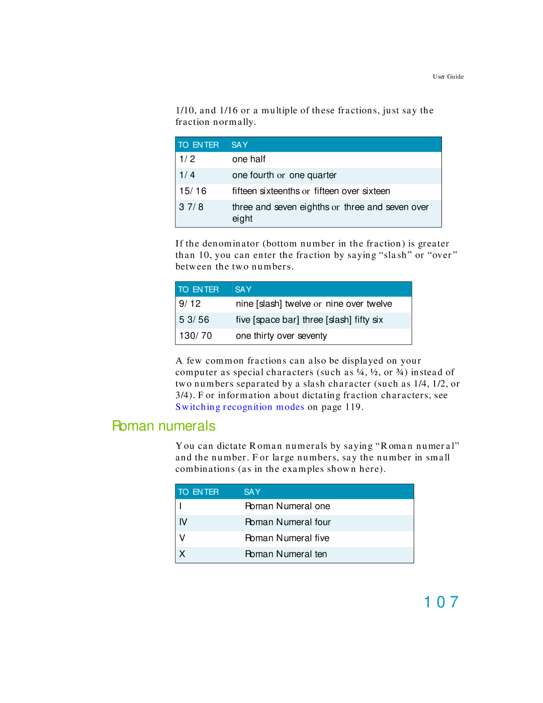 Nuance comm K609AGC3110, K609A-GC3-11.0, K609A-WN9-11.0, K609A-G00-11.0 manual 107, Roman numerals 