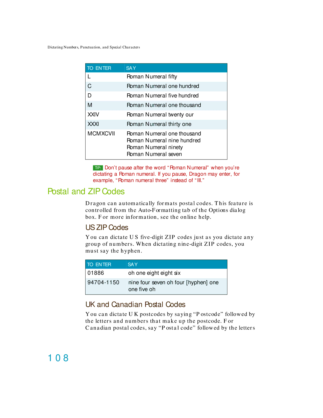 Nuance comm K609A-GC3-11.0, K609A-WN9-11.0 manual 108, Postal and ZIP Codes, US ZIP Codes, UK and Canadian Postal Codes 