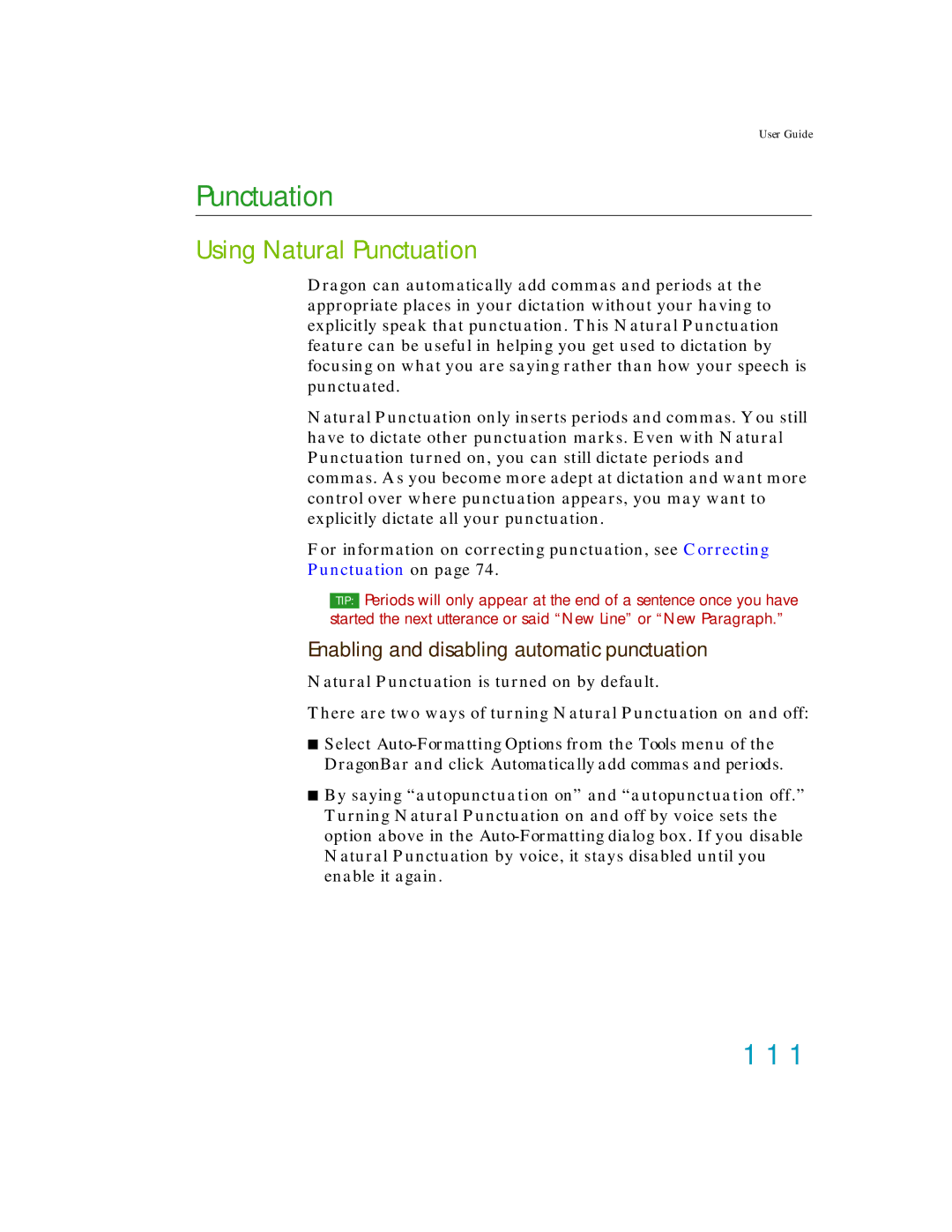 Nuance comm K609AGC3110, K609A-GC3-11.0, K609A-WN9-11.0 manual Punctuation, 111, Enabling and disabling automatic punctuation 