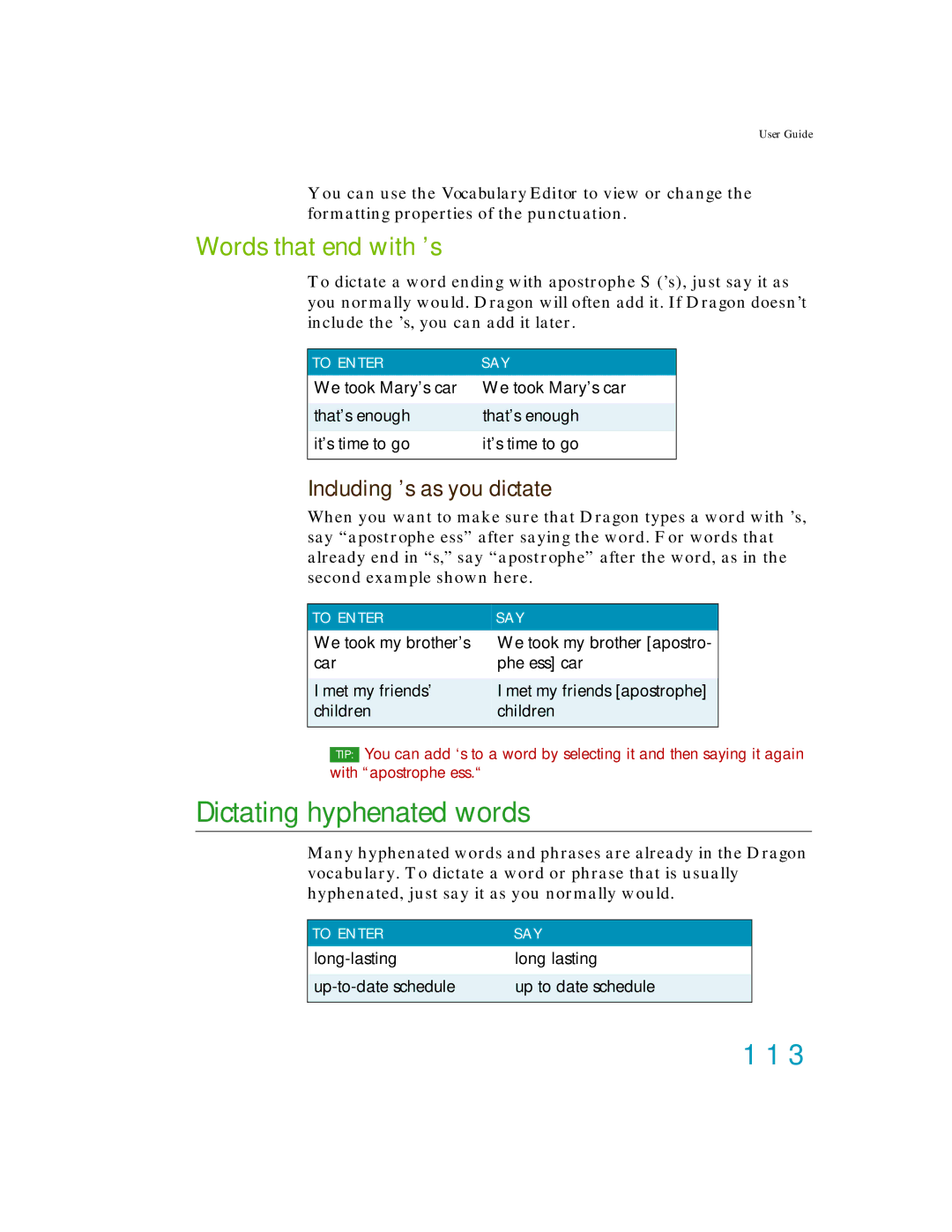 Nuance comm K609A-WN9-11.0 manual Dictating hyphenated words, 113, Words that end with ’s, Including ’s as you dictate 