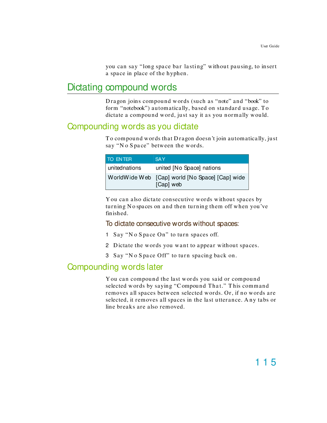 Nuance comm K609AGC3110 manual Dictating compound words, 115, Compounding words as you dictate, Compounding words later 