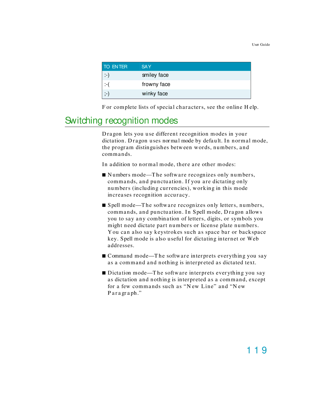 Nuance comm K609AGC3110, K609A-GC3-11.0, K609A-WN9-11.0, K609A-G00-11.0 manual Switching recognition modes, 119 