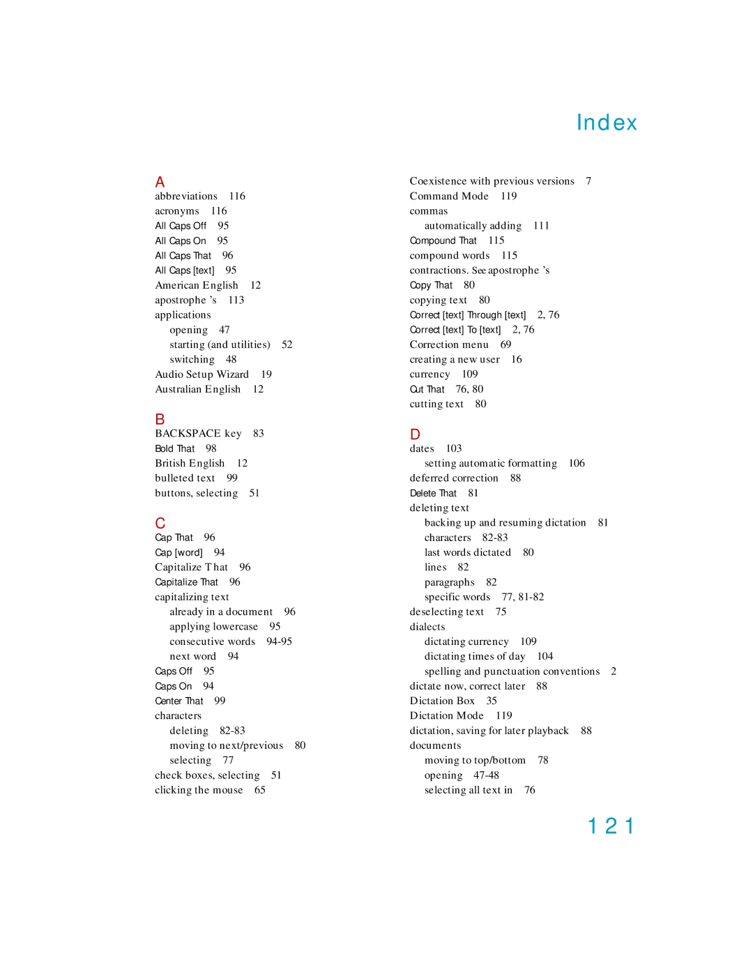 Nuance comm K609A-WN9-11.0, K609A-GC3-11.0, K609A-G00-11.0, K609AGC3110 manual Index, 121 