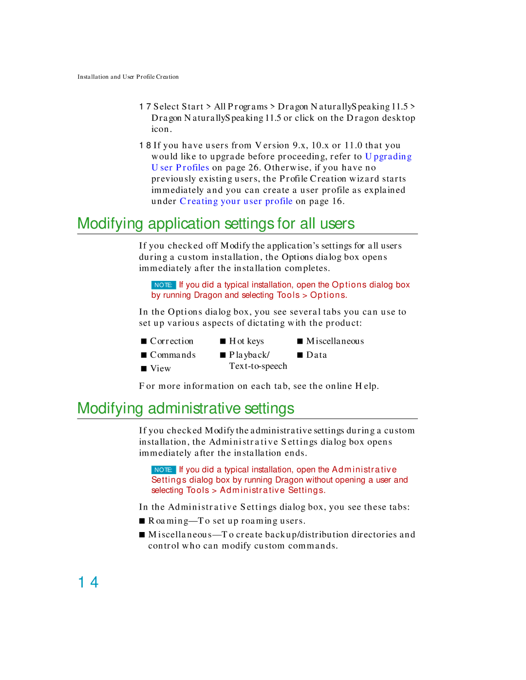 Nuance comm K609A-G00-11.0, K609A-GC3-11.0 Modifying application settings for all users, Modifying administrative settings 