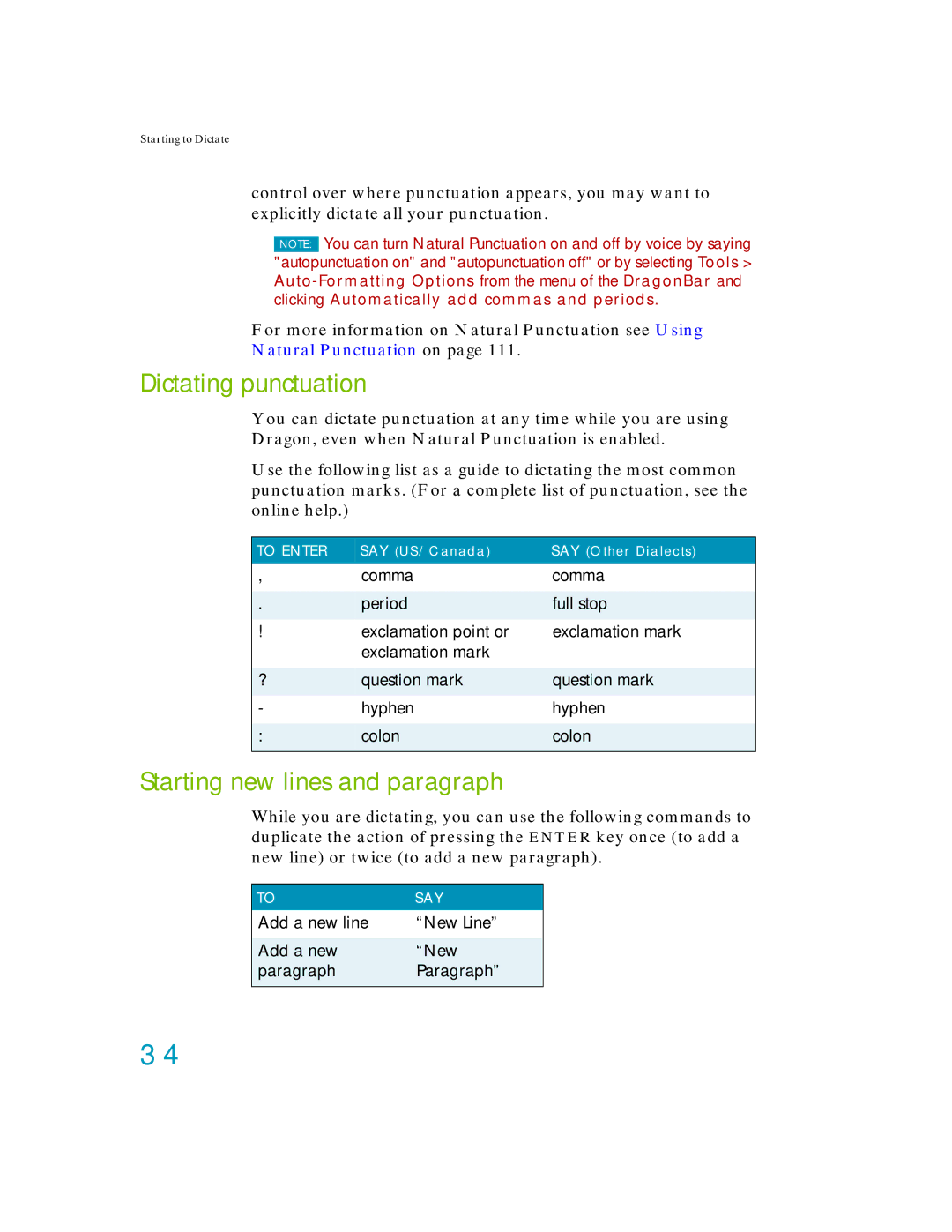 Nuance comm K609A-G00-11.0, K609A-GC3-11.0, K609A-WN9-11.0 manual Dictating punctuation, Starting new lines and paragraph 