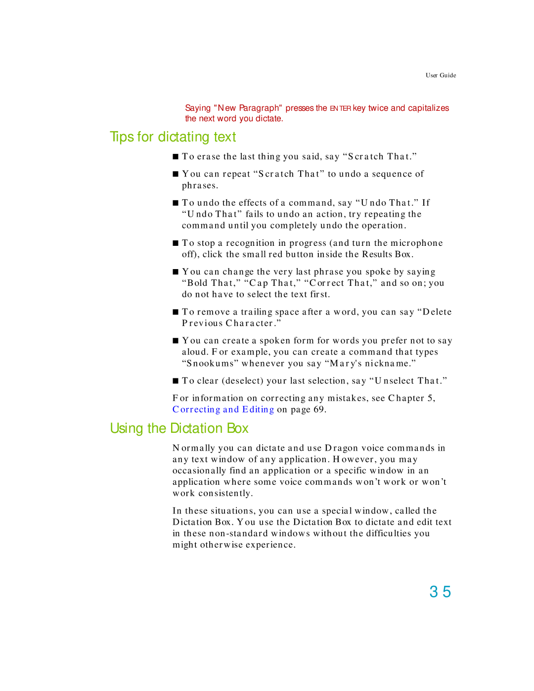 Nuance comm K609AGC3110, K609A-GC3-11.0, K609A-WN9-11.0, K609A-G00-11.0 Tips for dictating text, Using the Dictation Box 