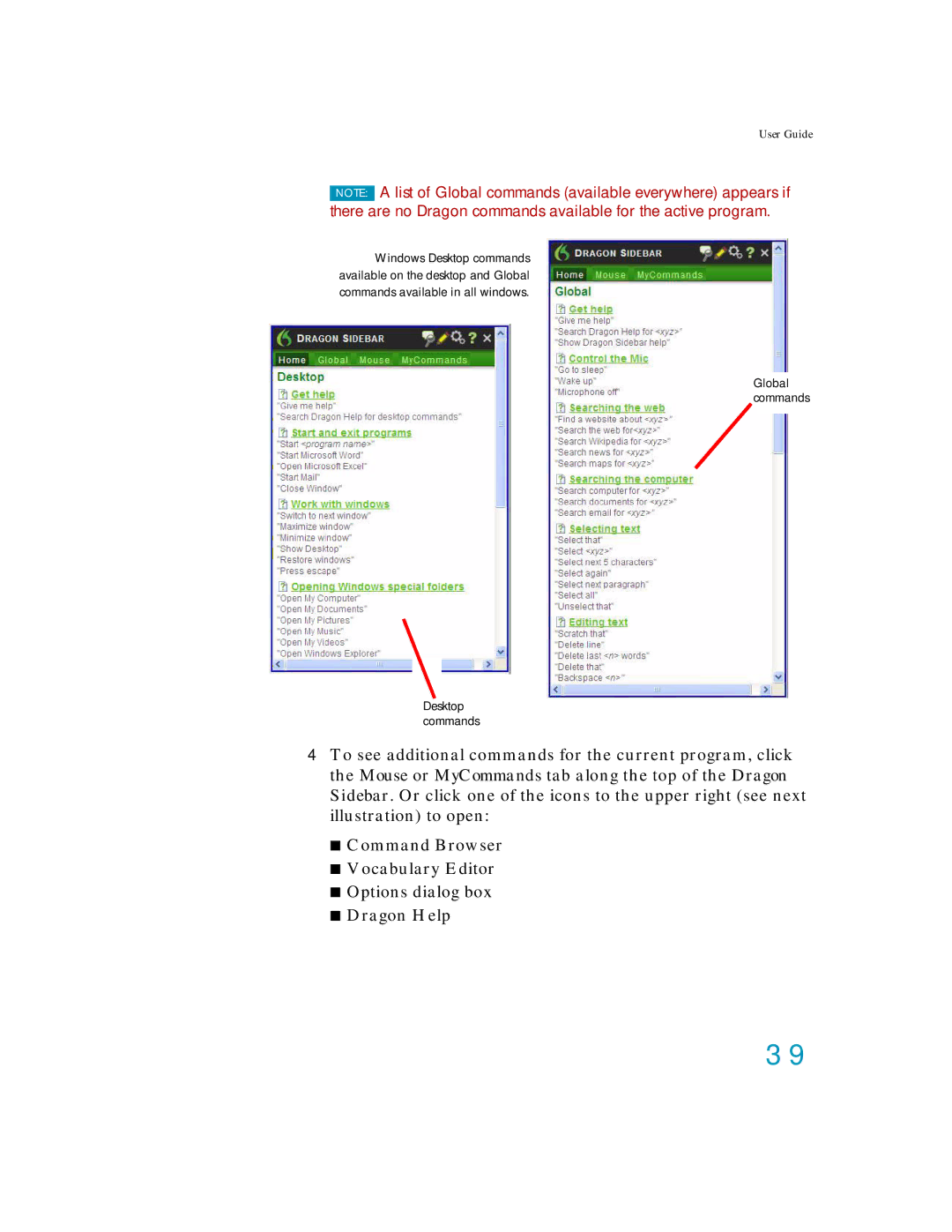 Nuance comm K609AGC3110, K609A-GC3-11.0, K609A-WN9-11.0, K609A-G00-11.0 manual Global commands Desktop commands 