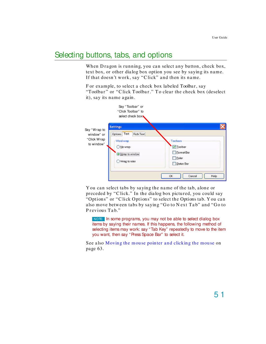 Nuance comm K609AGC3110, K609A-GC3-11.0, K609A-WN9-11.0, K609A-G00-11.0 manual Selecting buttons, tabs, and options 