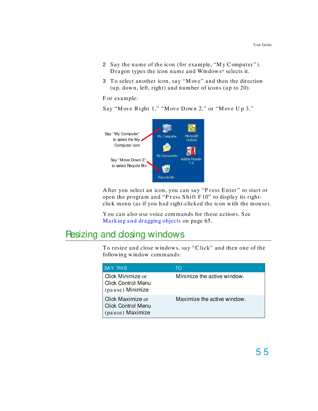 Nuance comm K609AGC3110, K609A-GC3-11.0 manual Resizing and closing windows, Say Move Right 1, Move Down 2, or Move Up 