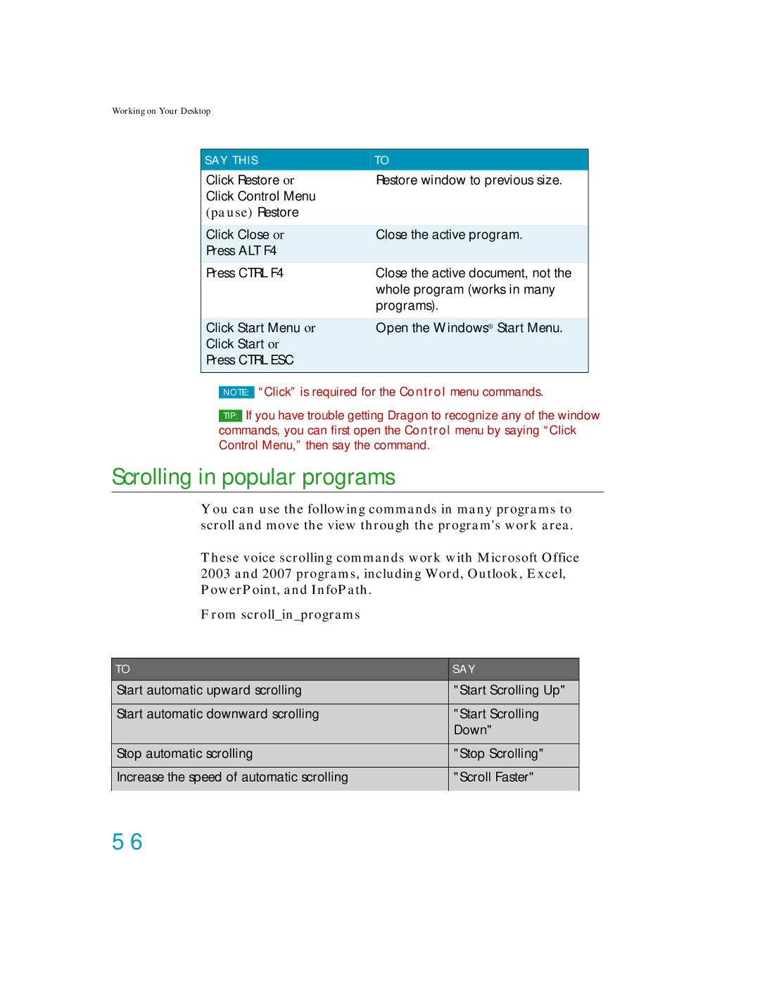 Nuance comm K609A-GC3-11.0, K609A-WN9-11.0, K609A-G00-11.0, K609AGC3110 manual Scrolling in popular programs 