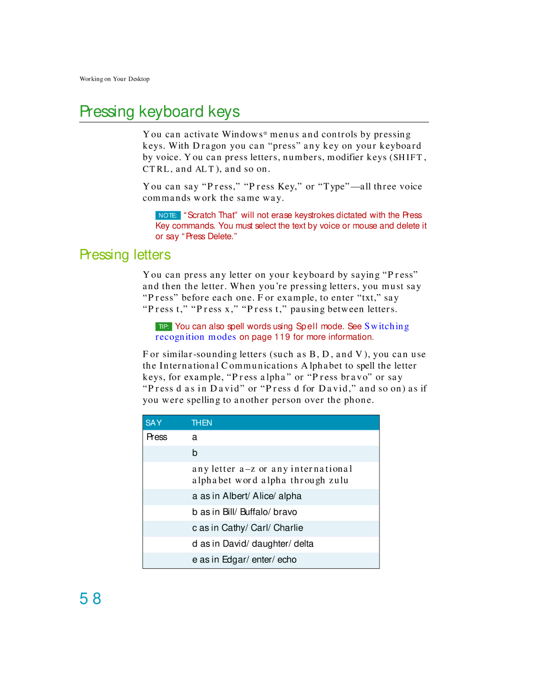 Nuance comm K609A-G00-11.0, K609A-GC3-11.0, K609A-WN9-11.0, K609AGC3110 manual Pressing keyboard keys, Pressing letters 