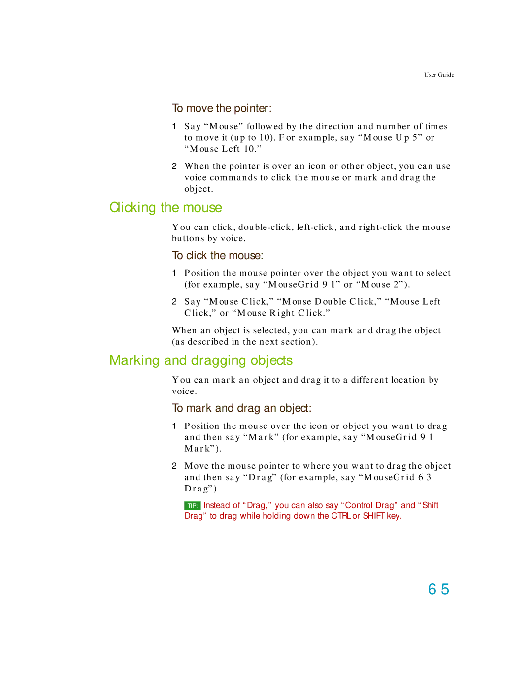 Nuance comm K609A-WN9-11.0 manual Clicking the mouse, Marking and dragging objects, To move the pointer, To click the mouse 