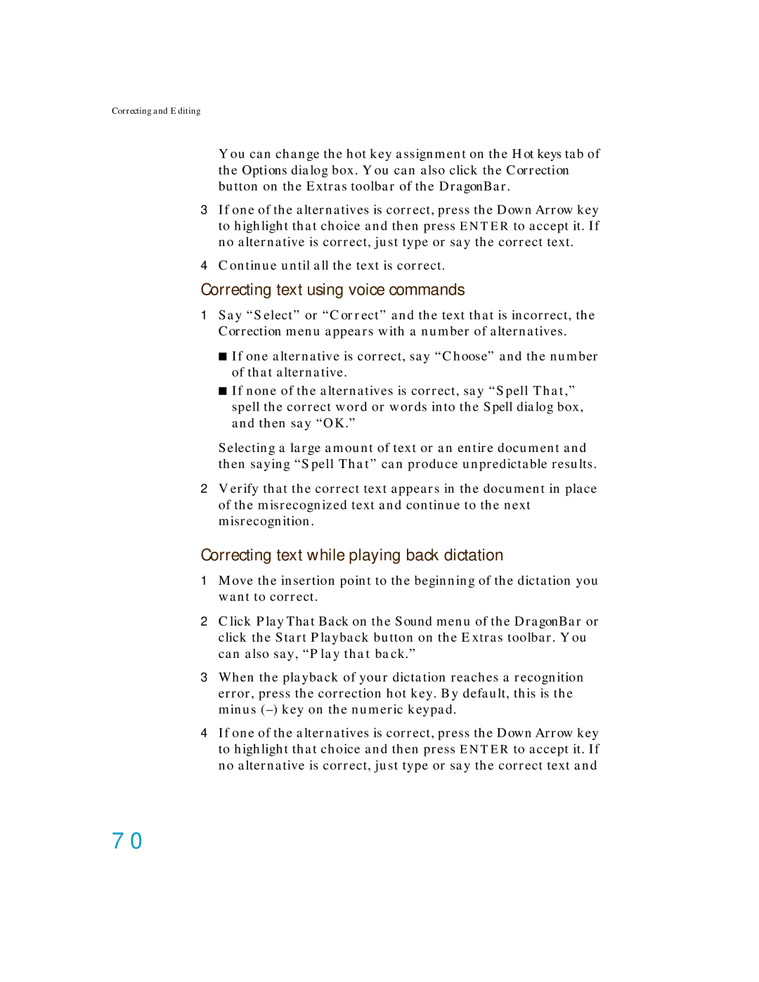 Nuance comm K609A-G00-11.0, K609AGC3110 Correcting text using voice commands, Correcting text while playing back dictation 