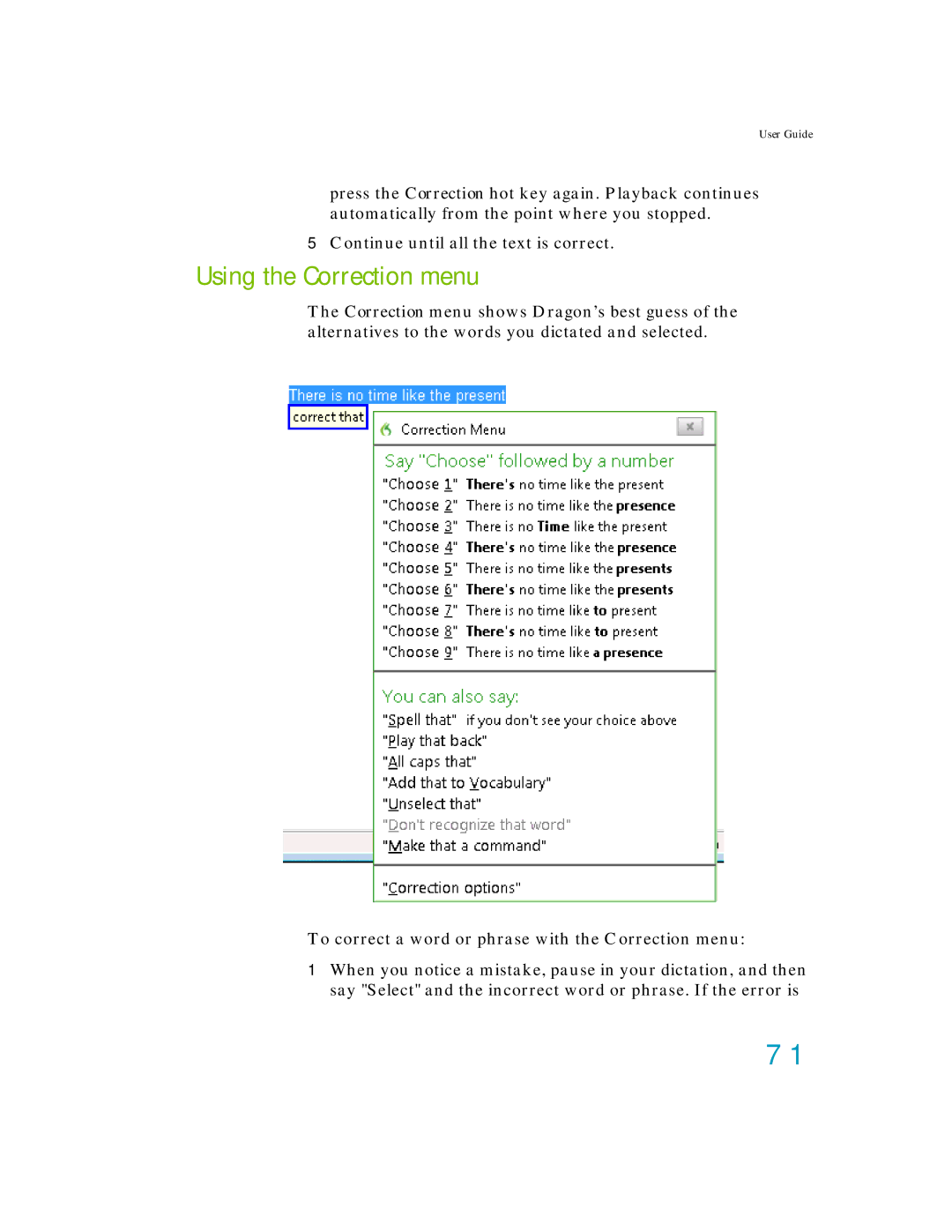 Nuance comm K609AGC3110, K609A-GC3-11.0, K609A-WN9-11.0, K609A-G00-11.0 manual Using the Correction menu 