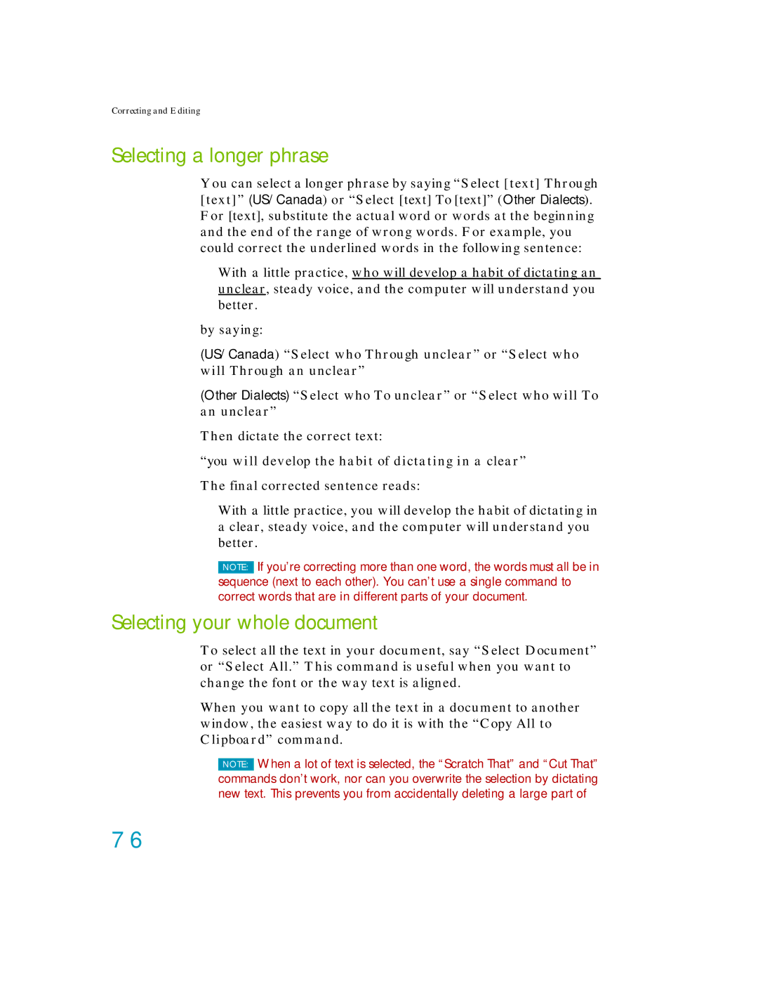 Nuance comm K609A-GC3-11.0, K609A-WN9-11.0, K609A-G00-11.0 manual Selecting a longer phrase, Selecting your whole document 