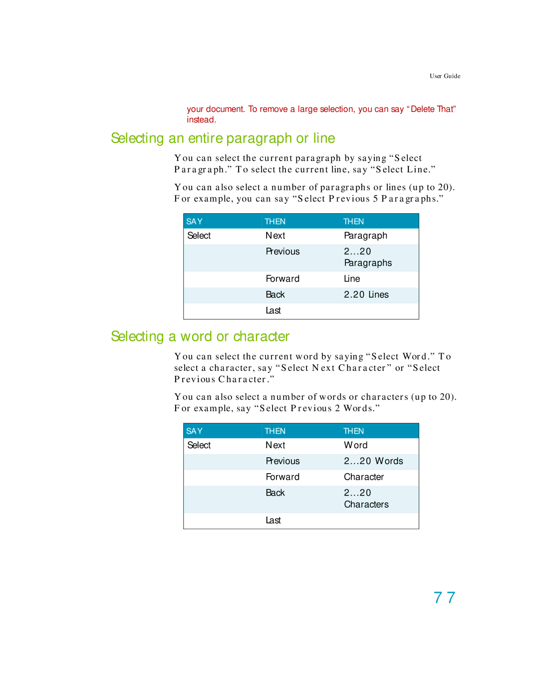 Nuance comm K609A-WN9-11.0, K609A-GC3-11.0 manual Selecting an entire paragraph or line, Selecting a word or character 