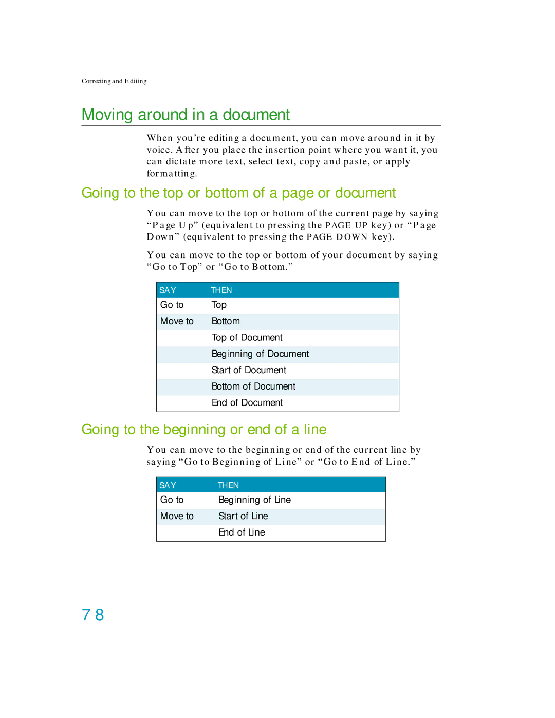 Nuance comm K609A-G00-11.0, K609A-GC3-11.0 Moving around in a document, Going to the top or bottom of a page or document 