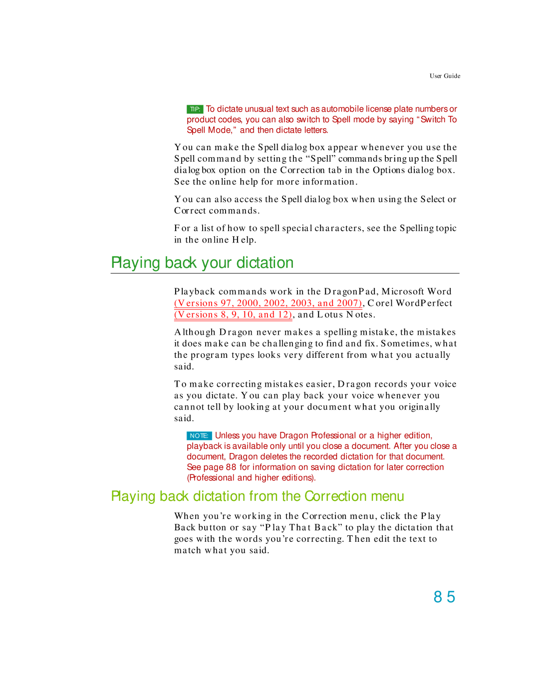 Nuance comm K609A-WN9-11.0, K609A-GC3-11.0 Playing back your dictation, Playing back dictation from the Correction menu 