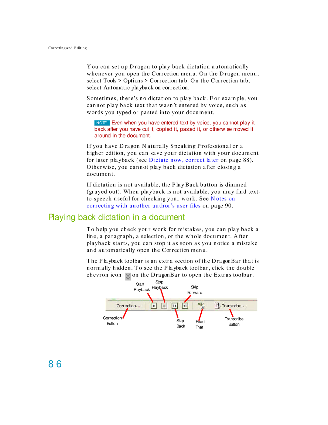 Nuance comm K609A-G00-11.0, K609A-GC3-11.0, K609A-WN9-11.0, K609AGC3110 manual Playing back dictation in a document 