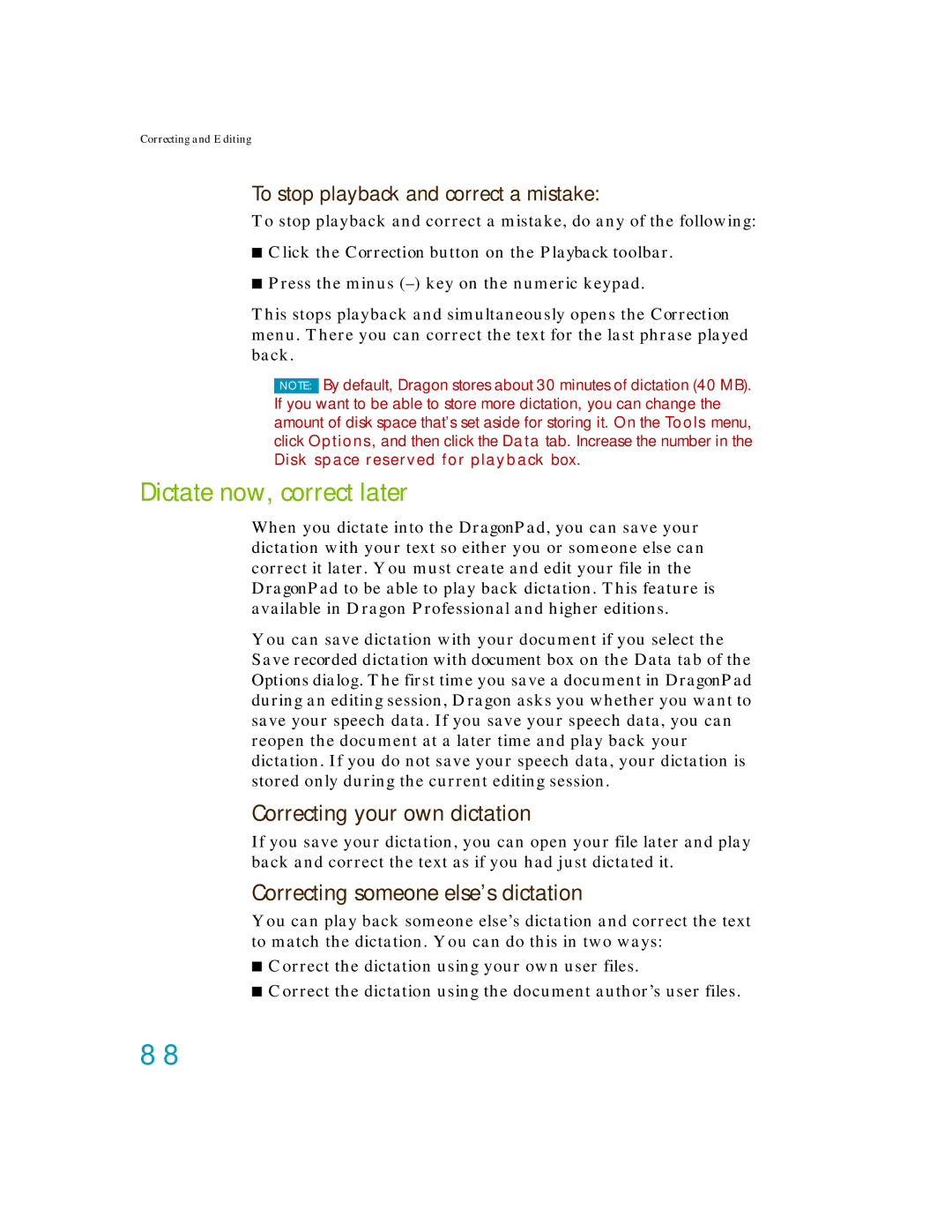 Nuance comm K609A-GC3-11.0 Dictate now, correct later, Correcting your own dictation, Correcting someone else’s dictation 