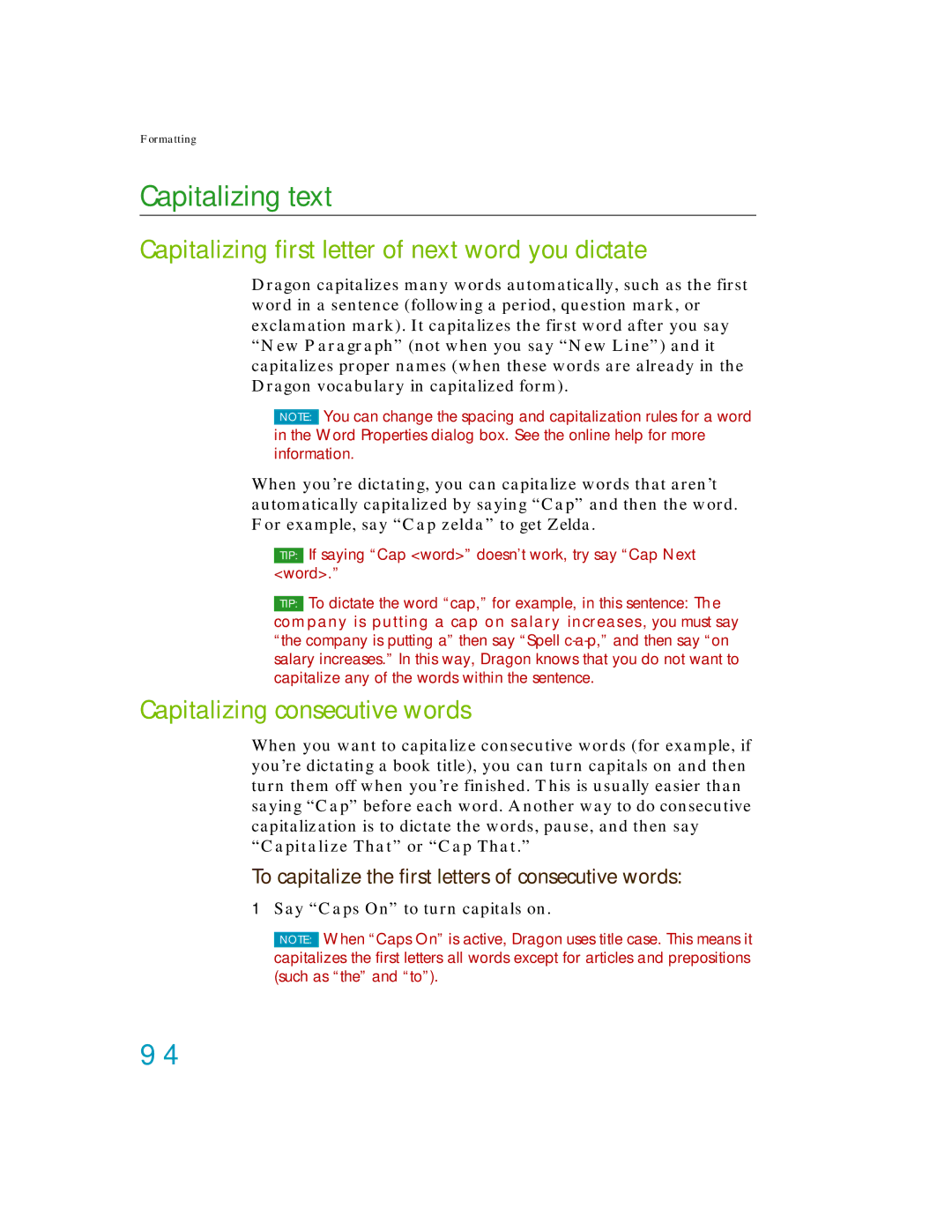 Nuance comm K609A-G00-11.0, K609A-GC3-11.0 manual Capitalizing text, Capitalizing first letter of next word you dictate 