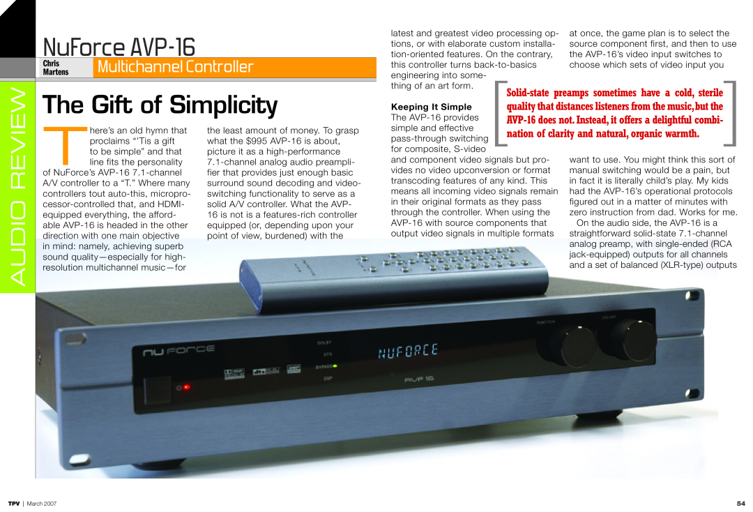 NuForce manual Keeping It Simple, NuForce AVP-16, The Gift of Simplicity, Multichannel Controller, Audio Review 