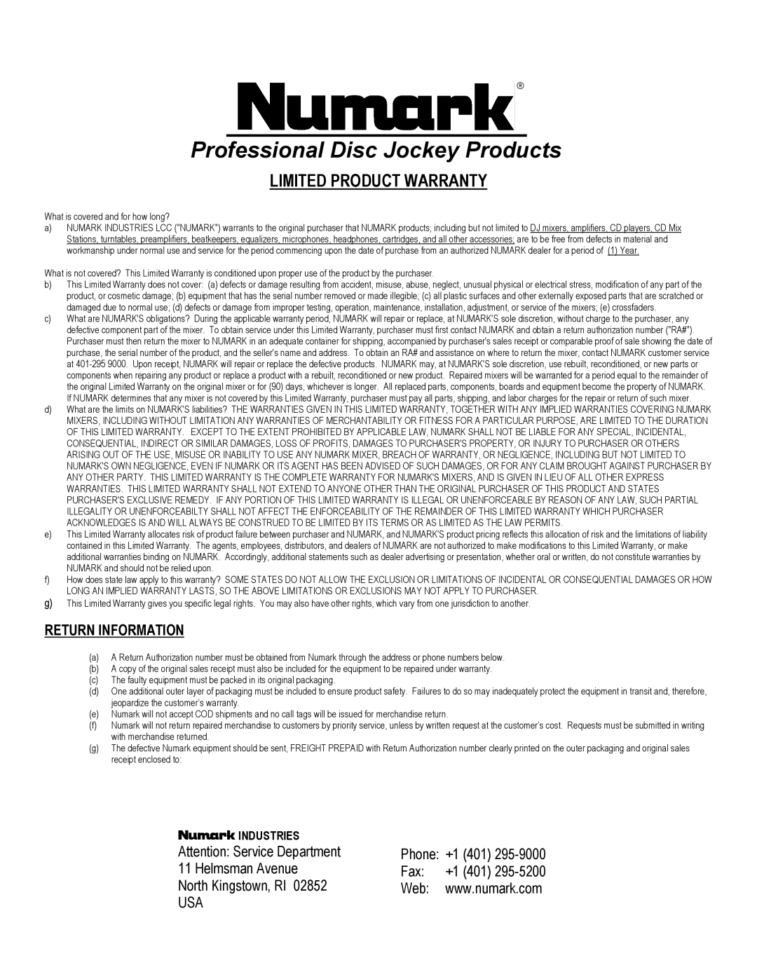 Numark Industries 4, 3 manual Limited Product Warranty, Industries 