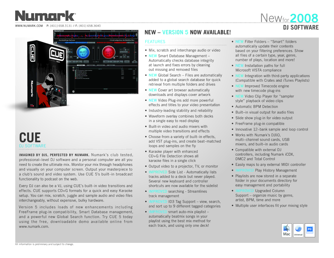 Numark Industries 5 manual Cue, DJ Software, Features 