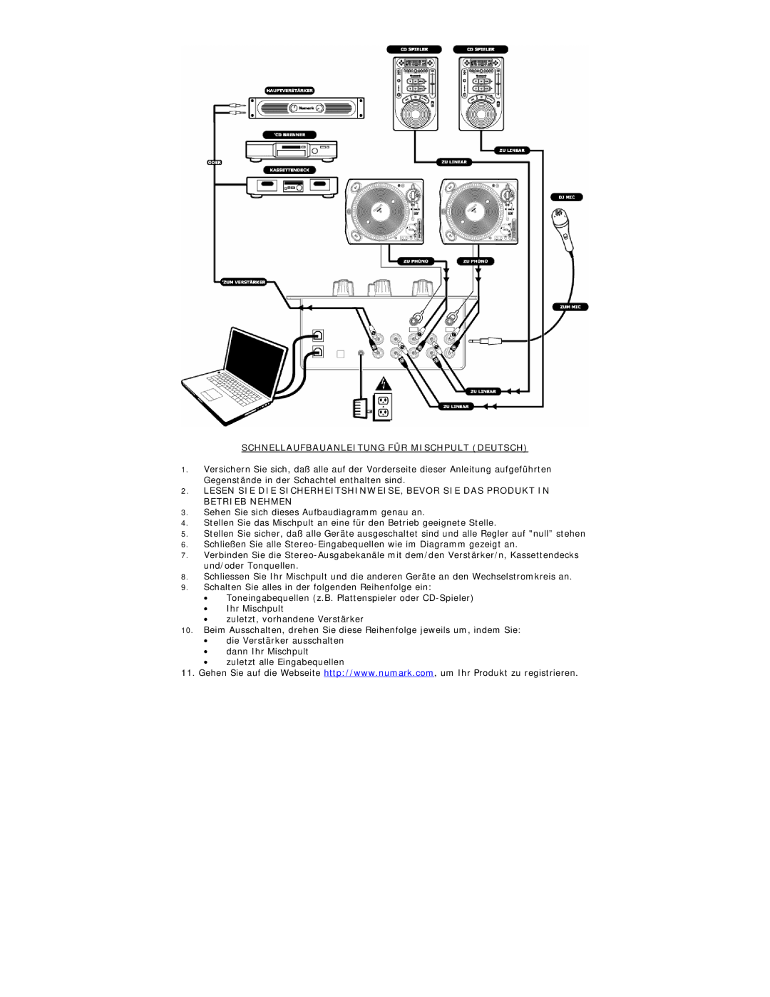 Numark Industries 950USB quick start Schnellaufbauanleitung FÜR Mischpult Deutsch 