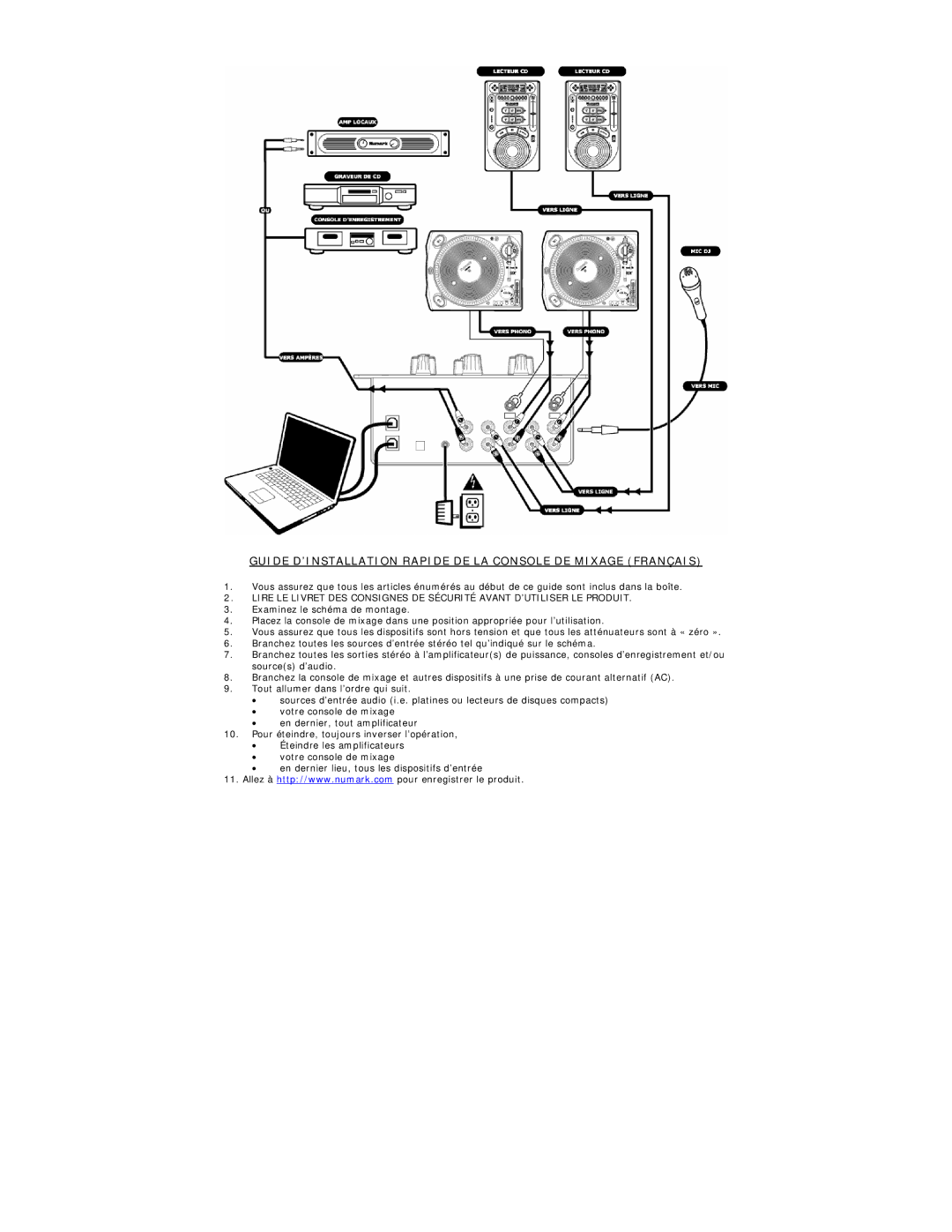 Numark Industries 950USB quick start Guide D’INSTALLATION Rapide DE LA Console DE Mixage Français 