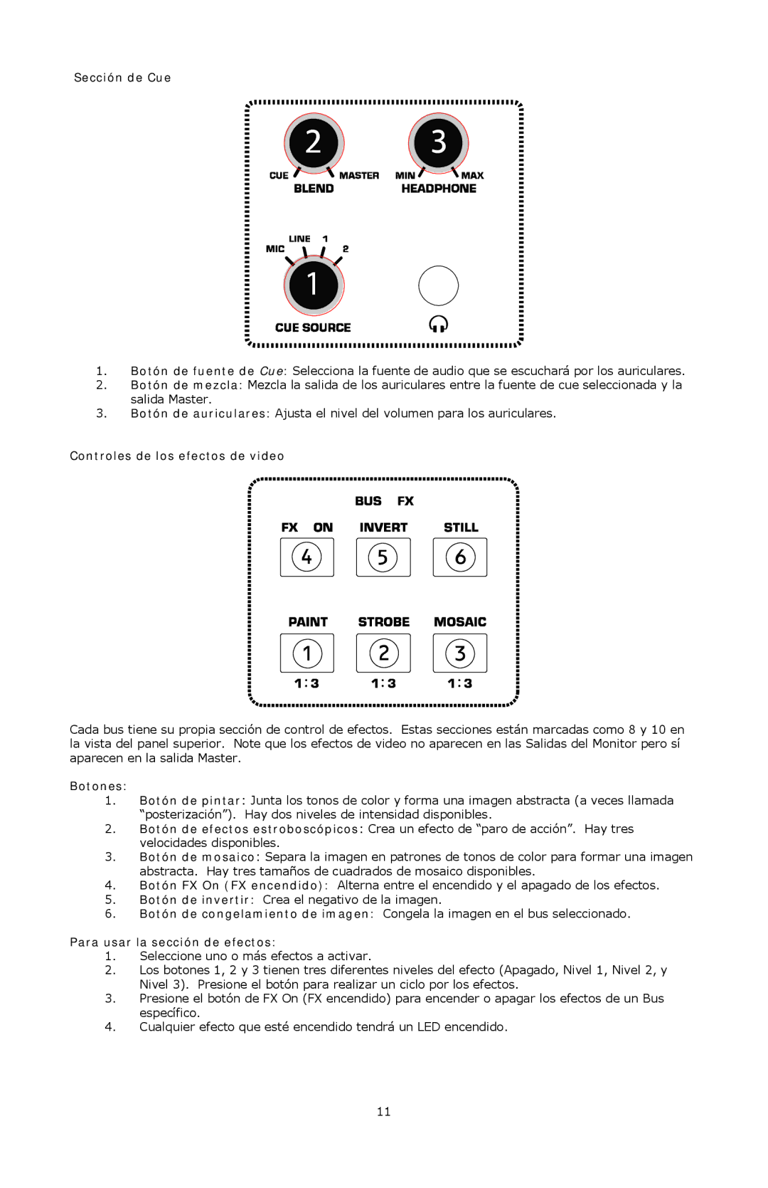 Numark Industries AVM01 Sección de Cue, Controles de los efectos de video, Botones, Para usar la sección de efectos 